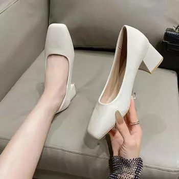 Pointed Toe French Style Thick Heel Professional Elegant Low Heels Shoe Autumn 2024 New Spring Women s Luxury Shoes 42 35 бежевый