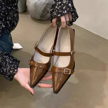 Pointed Toe Mary Janes High Heels Women Pleated Belt Buckle Ladies Shoes Fashion Low Heel Pumps Office Party Wedding Shoe 2024 35 чёрный