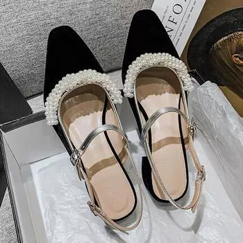 pointed toe pearl brading women sandals pointed toe suede leather med-high heels back strap gladiator sandalias mujer size 43 5 чёрный