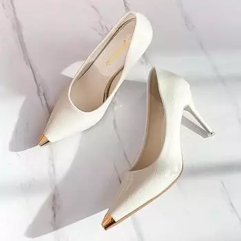 Pointed Toe Pumps Shoes Woman 2025 Trend New Summer Red Heels Elegant Woman Black Heeled Dress Leather White Ladies Shoe 34 бежевый