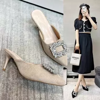Остроносые стразы мюли женские летние 2024 шелковые босоножки на каблуках роскошные сексуальные тонкие каблуки вечерние тапочки с открытой пяткой женские 35 бежевый