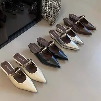 Pointed toe slippers women s shoes wear spring and autumn high-end French niche new small slope heels cool slippers Muller shoes 35 чёрный