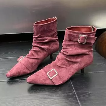 Женские замшевые ботильоны с острым носком, с ремешком и пряжкой, на молнии, на низком каблуке, модные, дизайнерские, короткие ботинки 35