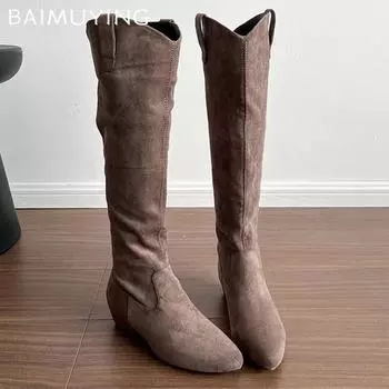 Pointed Toe Suede Women High Boots Low Heels Sexy Shoes Woman 2025 Trend Winter Fashion Designer Dress Elegant Zapatos De Mujer 35 серый