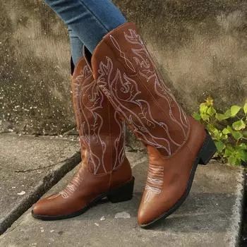 Pointed Toe Thick Heeled Western Cowboy Boots for Women Retro V-neck Embroidered Slip-On Brown Knight Botas Ladies Shoes 35 коричневый