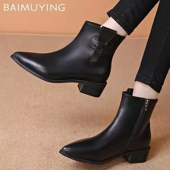 Pointed Toe Women Ankle Boots Leather Mid Heels Retro Shoes Designer Winter Chelsea Boots Trend Gladiator Botas De Mujer 35