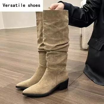 Остроносые женские джинсовые сапоги в стиле вестерн, модные длинные сапоги без застежек на квадратном каблуке, осенне-зимняя женская обувь 35