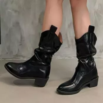 Pointed Toe Women High Boots Designer Chunky Leather Shoes Winter 2025 Trend Goth Pumps Shoes Fad Mid Calf Chelsea Botas Mujer 35