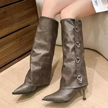 Остроносые женские высокие сапоги из кожи, дизайнерские туфли на высоком каблуке, высокие мотоциклетные сапоги до колена, трендовые зимние готические ботинки Botas De Mujer 35
