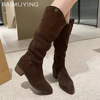 Pointed Toe Women High Boots Suede Mid Heels Designer Winter Shoes Chunky Chelsea Boots 2024 Trend Pumps Goth Botas De Mujer 35 чёрный