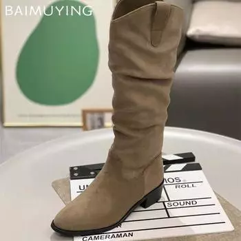 Pointed Toe Women High Boots Suede Winter Mid Heels Designer Shoes 2025 Trend Chunky Pumps Knee High Classic Chelsea Botas Mujer 35 чёрный