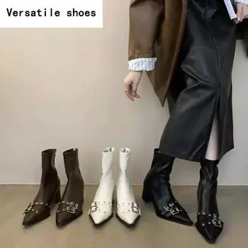 Женские ботильоны с острым носком, стройнящие лодыжку, модные туфли с пряжкой на ремне, осенне-зимние, на толстом каблуке, элегантные короткие ботильоны для леди 35