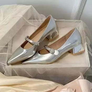 Острый носок женские весенние новые серебристые туфли ane удобные туфли на низком каблуке простые универсальные женские туфли-лодочки 35 серебряный
