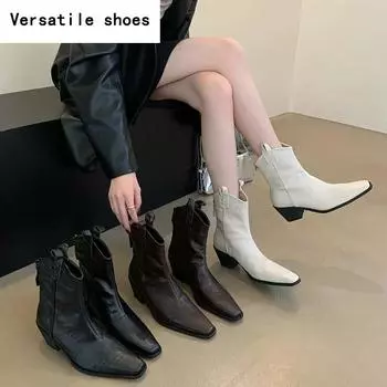 Женские ковбойские ботинки с острым носком, модные слипоны, осенне-зимние, на толстом каблуке, женские рыцарские короткие ботильоны 35