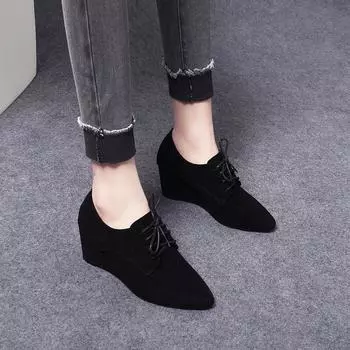 Pointed wedge heel women s shoes new black sheepskin lace-up single shoes simple personality comfortable high heels 35