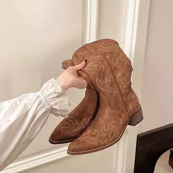 Pointed western cowboy boots women s 2025 autumn and winter new embroidered V-mouth high knight boots thick heel but knee boots 35