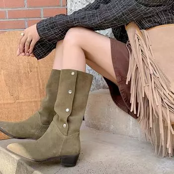 Pointed western pile boots women s 2024 new four-season universal two-wear flip boots temperament fashion boots 35 армия зеленый