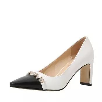 Pointed white high heels women s thick heel spring and summer new baotou rhinestone strip 8cm temperament medium heel single shoes autumn 35