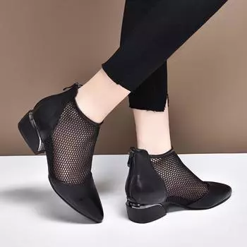 Pointed women s shoes spring new black first-layer cowhide mesh single shoes rear zipper women s fashion shoes 34