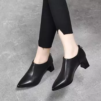 Pointed women s single shoes high heels spring new first layer cowhide deep mouth women s shoes thick heel back zipper basic 34