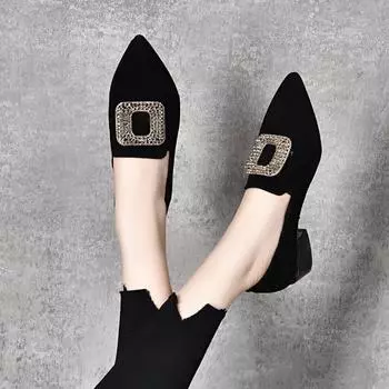 Pointed women s single shoes spring new black sheepskin thick heel low heel shallow mouth women s shoes metal square buckle 34