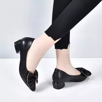 Pointed women s single shoes spring new comfortable first layer cowhide low heel shallow mouth women s shoes bow women s flats 34