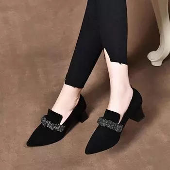 Pointed women s spring new black temperament sheepskin rhinestone single shoes thick heel high heel fashion women s shoes 35
