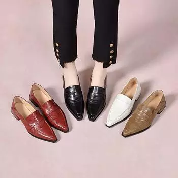Pointed women s spring new shallow mouth one-pedal small leather shoes thick heel low heel flat shoes 34
