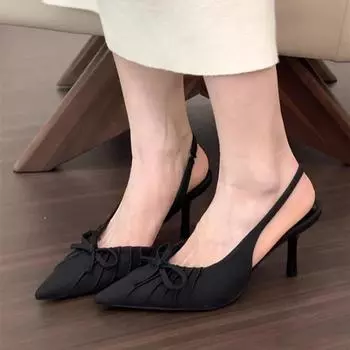 Pointed wrinkled bag head rear empty sandals women s 2025 spring new bow gentle high-heeled single shoes 35 лавандовый