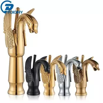 POIQIHY Swan Golden Faucet Смесители для умывальника Однорычажный смеситель для ванной комнаты Смеситель для раковины в ванной Черный смеситель для умывальника