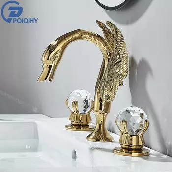 POIQIHY Swan смеситель для раковины, монтируемый на бортике ванной комнаты, смеситель для раковины с двумя ручками, 3 отверстия, широко расставленный золотой смеситель для ванной комнаты чёрный
