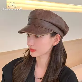 Показать маленькую темпераментную шапку из искусственной кожи, кепку для детей, осень и зима, новый ретро, литературный и универсальный, черный восьмиугольный берет Adjustable (54-59cm) хаки