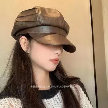 Показать небольшой темпераментный PU кожаный головной убор кепка детская ретро универсальный коричневый берет восьмиугольная шляпа женская осень и зима Adjustable (53-59cm) темный кофе