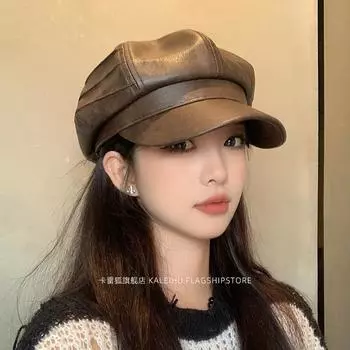 Показать небольшой темпераментный PU кожаный головной убор кепка детская ретро универсальный коричневый берет восьмиугольная шляпа женская осень и зима Adjustable (53-59cm) темный кофе