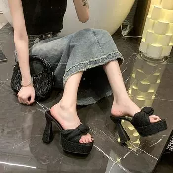 Покажи свои ноги! 12 см каблук толстый каблук классные тапочки модные и сексуальные квадратные босоножки с одним словом женская модель подиумная обувь 34 чёрный
