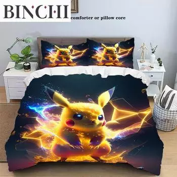Покемон Аниме Пододеяльник Наволочка Постельное белье Kawaii Пикачу Комплект из трех предметов Для Детей Взрослых Постельный Комплект Twin Queen King Size EU single(135x200cm)
