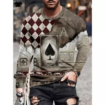 Покерный принт Мужская одежда Модная мужская футболка с длинным рукавом Повседневная футболка Мужские простые футболки для мужчин Покерные графические футболки S