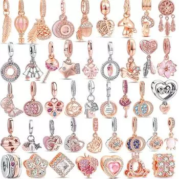 Покрытие из розового золота, стерлинговое серебро S925, сверкающее перо, звезда, карета, висячие подвески, ювелирные изделия из бисера, подходят для оригинального браслета