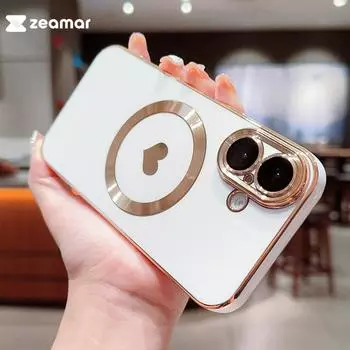 Покрытие магнитное для Magsafe чехол для iPhone 16 15 14 13 12 11 Pro X XS XR Max 7 8 Plus SE протектор объектива Love Heart Print Cover For iPhone 16 розовый