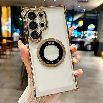Покрытие прозрачный магнитный чехол для Samsung S24 Ultra S23 FE S22 Plus Note 20 беспроводная зарядка защита объектива противоударный чехол For Samsung S24 золотой