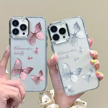 Покрытие рамки линзы противоударный чехол для iPhone 16 Pro Max 15 Pro 14 Plus 13 12 Pro Max 11 бабочка узор Tpu мягкий прозрачный чехол крышка iPhone 16 розовый