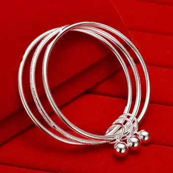 Покрытие серебром Три жизни Три поколения Браслет, Два сияния, Браслет из одного песка с тремя кольцами, Серебряные украшения, Подарок на день рождения 16cm