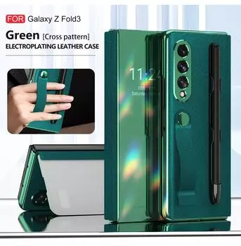 Покрытие зеркала для Samsung Galaxy Z Fold 3 Чехол Кронштейн Слот для ручки Откидная защитная крышка для книги Artificial leather красный