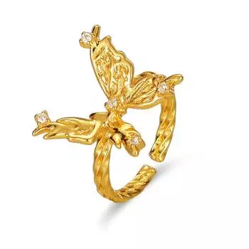 Покрытое медью 18-каратное настоящее золото, французская ниша ретро элегантный темперамент циркон инкрустация бабочка открытое кольцо женские украшения на руку adjustable золотой