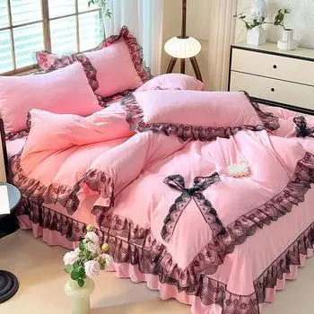 Покрывало из хлопка в стиле принцессы, однотонное, кружевное, стираное, из четырех частей, сирсакер, кружево, двойной пододеяльник 1.2m Bed