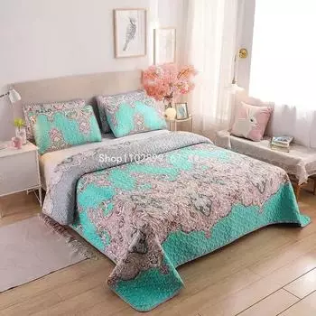 Покрывало из стираного хлопка, стеганое покрывало размера Queen King Size, в пасторальном стиле, нескользящая простыня, одеяло, теплое постельное белье с принтом 100x220cm