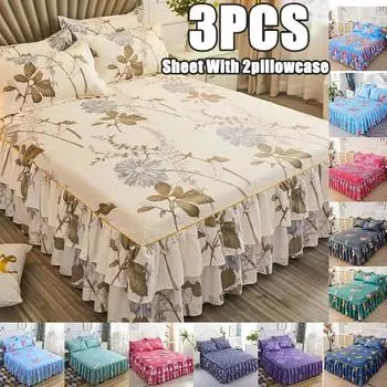 Покрывало с цветочным принтом, комплект юбки, 3 шт., простыня с 2 наволочками, мягкая дышащая кровать, наматрасник, защитный коврик 100x 200cm 3PCS