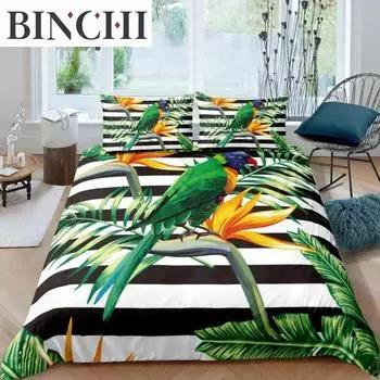 Покрывало с попугаем, комплект постельного белья в черно-белую полоску, зеленое растение, пальмовые листья, пододеяльник из полиэстера с изображением птиц и животных 70x133cm 2pcs