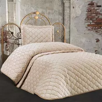 Покрывало стеганое Lima 2шт, покрывало 180х240 с наволочкой, ткань бархат, одинарный размер, двуспальная кровать, бежевый