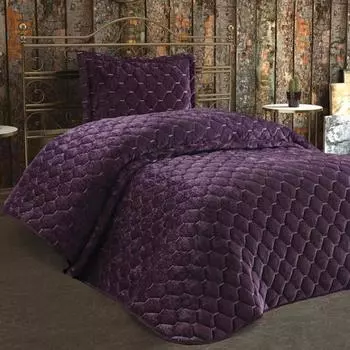 Покрывало стеганое Lima 2шт, покрывало 180х240 с наволочкой, ткань бархат, одинарный размер, двуспальная кровать, сливовый